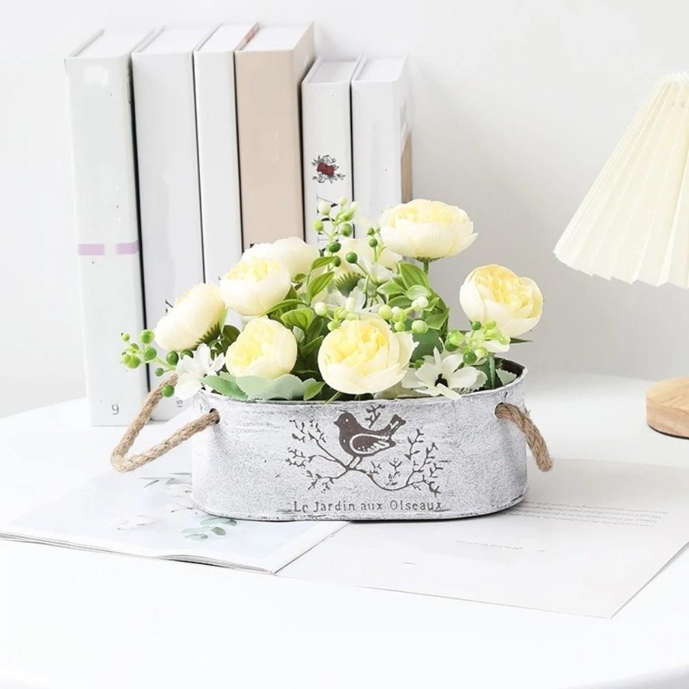 Vintage Style Iron Flower Bucket Distressed Finish Wear-resistant Metal Flower Pot Double Handle Decorative Pot Flower Vase