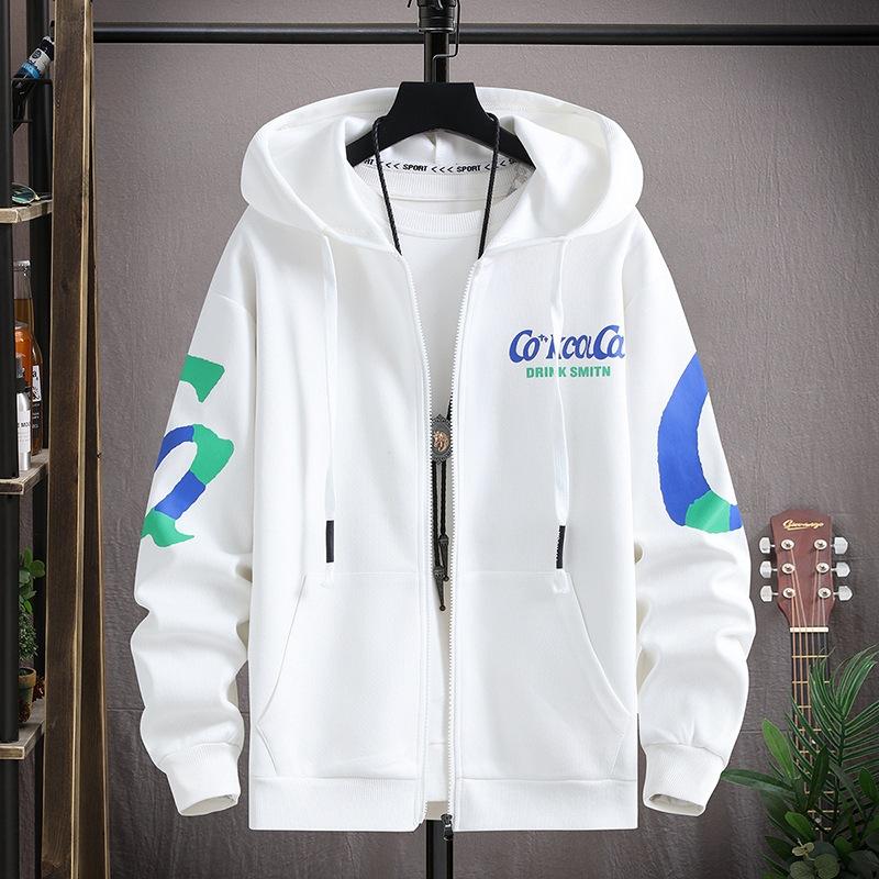 

Autumn New Cardigan Sweater Men s Loose Hooded Fashion Printed Coat Teen Trendy Sports Jacket M білий