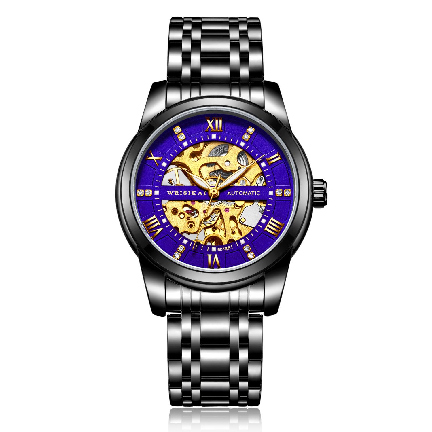 

WEISIKAI 6018B Мужские часы Новые ТОП Бренд Роскошные Мужские Часы С Коробкой Водонепроницаемые Светящиеся Автоматические Мужские Механические Часы синий/чёрный