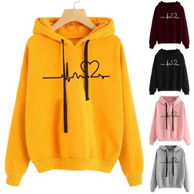 Women Sweatshirt Hoody Ladies Hooded Heartbeat Printed Casual Pullovers Girls Long Sleeve Autumn Winter Clothes Plus Size