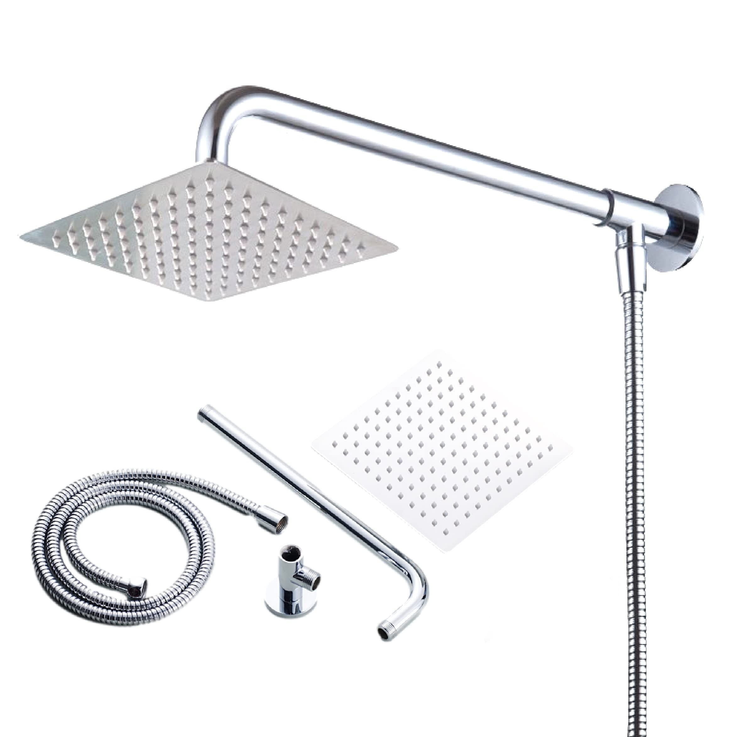 Sugarello Shower Overhead Stainless Rainfall Shower Shower Hose Square Head, Shower, Steel, Water-Saving, Head, Set, G1/2 (20cm)