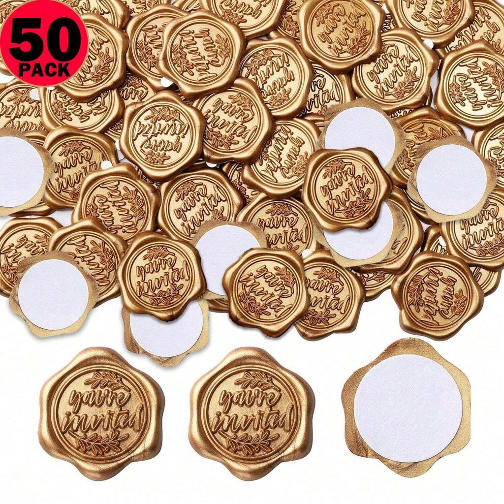 50Pcs You're Invitation Wax Seal Stickers, Envelope Seal Stickers Envelope Seals Self Adhesive Gold Stickers for Wedding