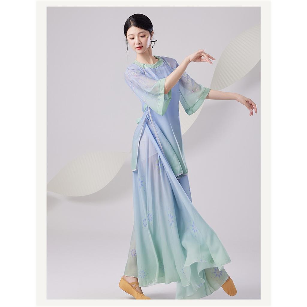 Costume da Danza Classica Cinese da Donna, Abito da Esibizione in Chiffon Stampato Sfumato Blu Verde Fluttuante