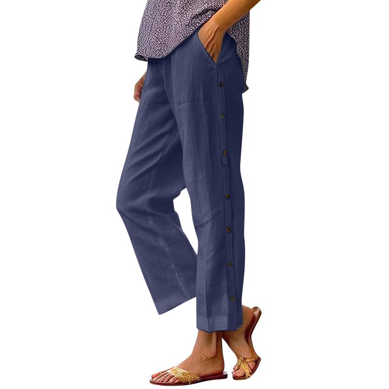Women's New Breathable Cropped Pants Decorative Buckle Side Pocket High Waist Loose Casual Pants