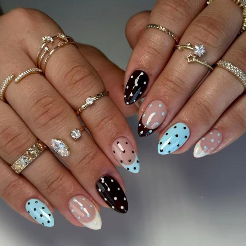Polka Dot Almond False Nails - European & American Style
