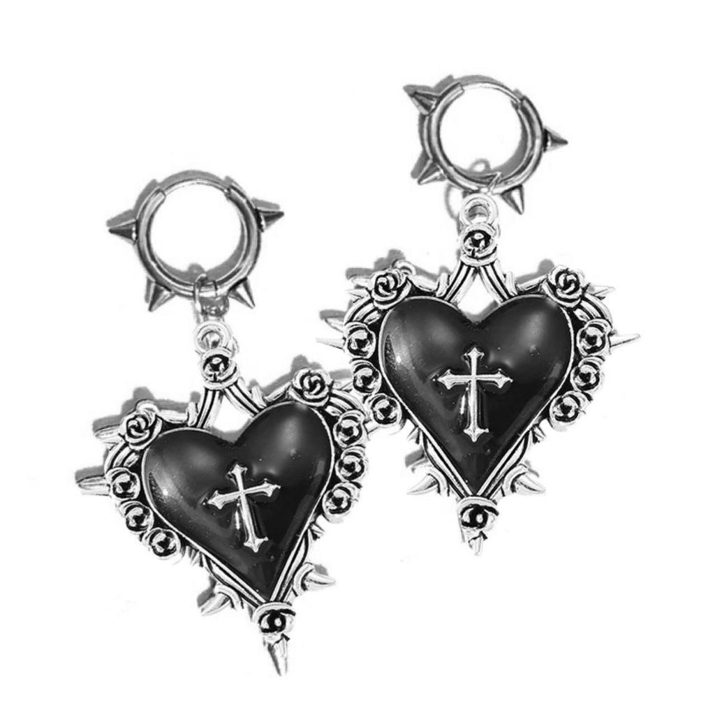 Gothic Punk Sliver Color Liquid Metal Red Thorn Heart Cross Shape Hoop Pendant Earrings for Women Halloween Party Jewelry Gifts