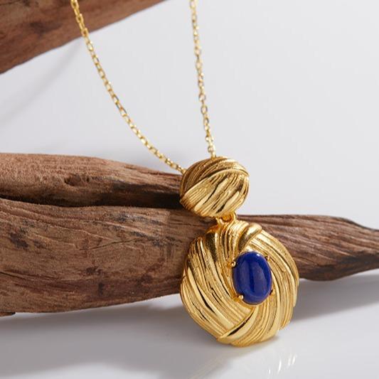 Collana da Donna in Argento S925 con Superficie a Uovo Colorata, Intarsiata con Lapislazzuli Naturale, Nicchia, Lusso Leggero, Pietra Preziosa Versatile