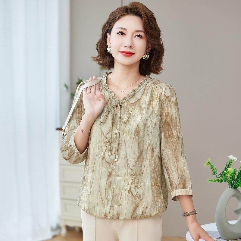 Elegant Chiffon Blouse for Middle-Aged & Elderly Women - Spring/Summer Three-Quarter Sleeve Top