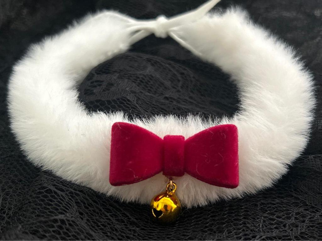 Wine Red Plush Collar Choker with Bell & Bow - Christmas Date Night Accessory