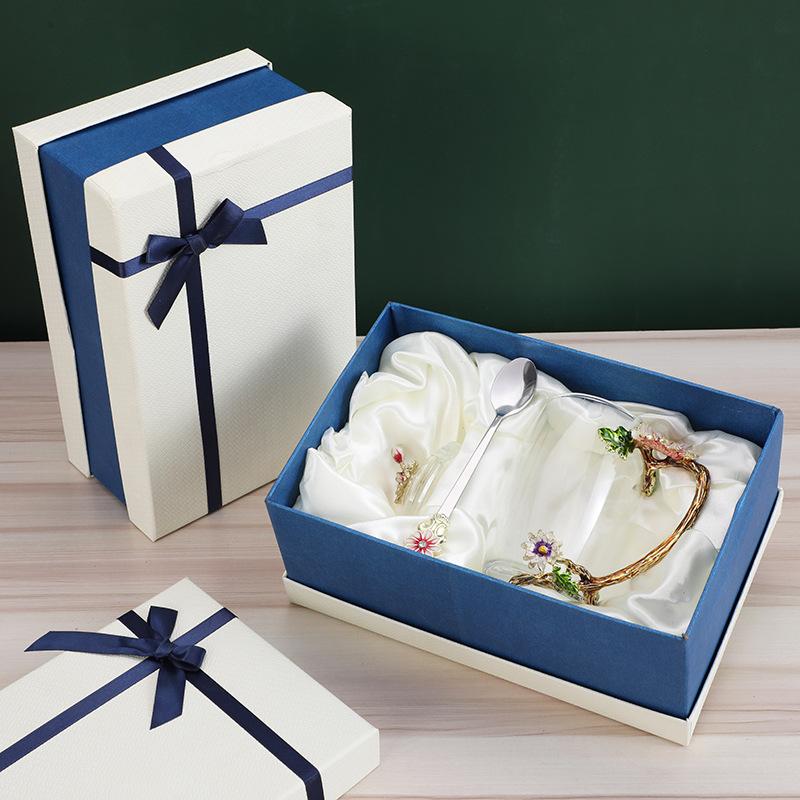 Creative Enamel Water Cup Spoon Set Home Luxury Glass Cup with Spoon with Lid Tea Cup Gift Box