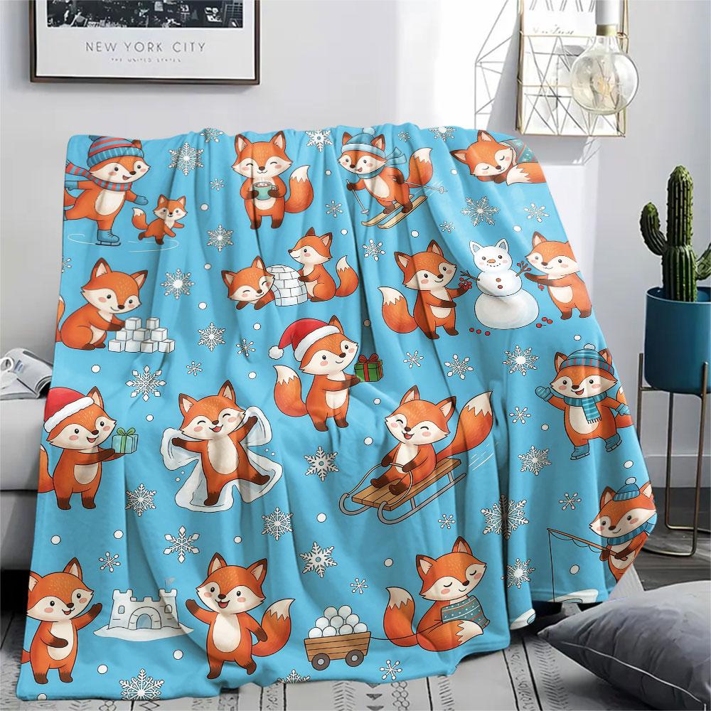 1PC Winter Raccoon Adventures Patterned Flannel Blanket Suitable For All Seasons for Home Decor Warmth and Comfort Gifts Holiday Present