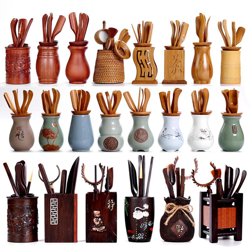 Kungfu-tesetttilbehør, teseremoni, hele sett med seks herrer, svart sandeltre, teklype i heltre, bambuspinsett