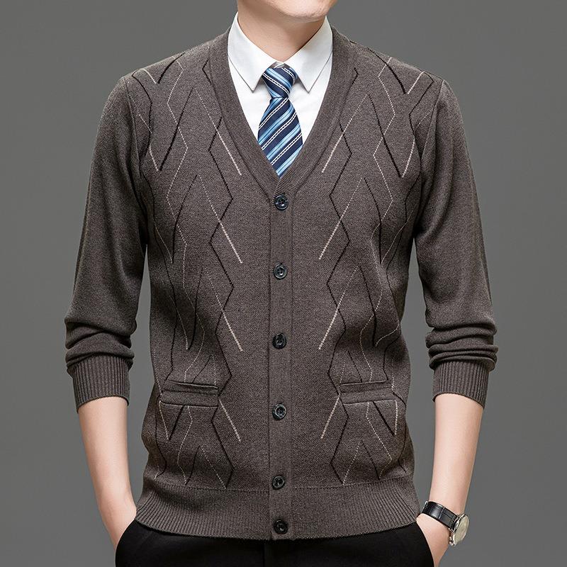 Men Plaid Knit Button Cardigan Casual Sweater Outerwear For Middle Aged Men