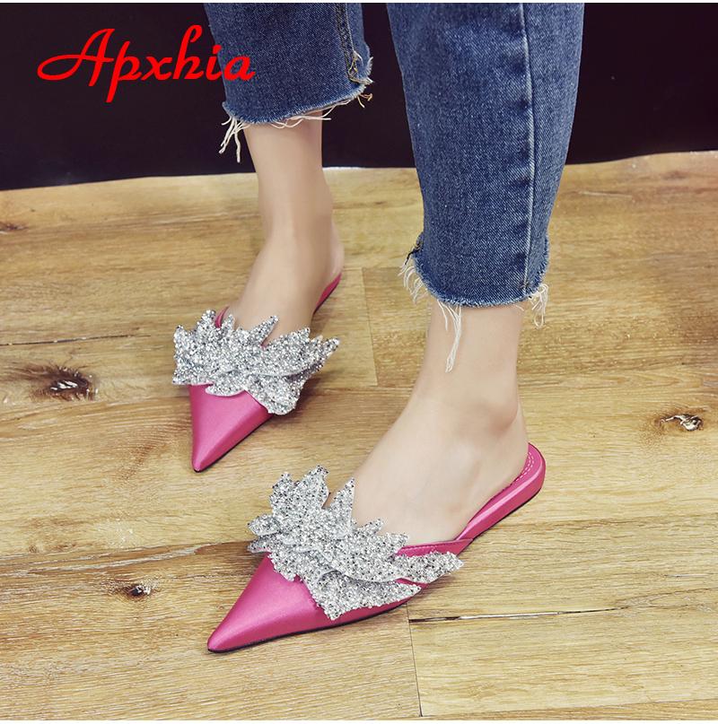 Fashion Aphixta  Appliques Crystals Silk Women Slippers Fashion Mules Rose Red Flat Heel Autumn Flowers Pointed Toe Slides
