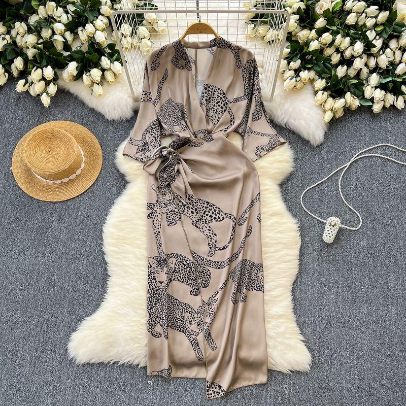 

Women s Commuting Wear Dress 2024 Summer New Arrival Adult Lady like Woman Wear Lightly Mature Shoelace Waist Tight Satin Printed Skirt Image color XL
