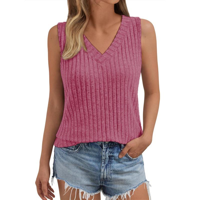 New Sleeveless Knitted Large-V-neck Solid-color Striped Pull-top Vest