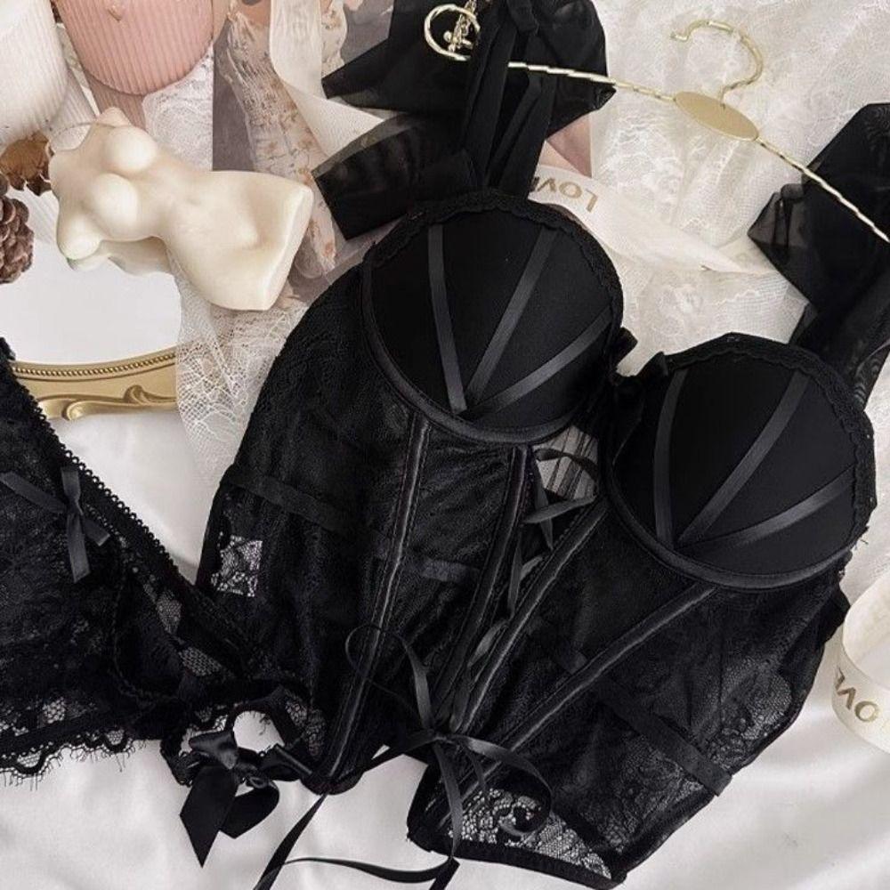 Hollow Mesh Women Lingerie Uniform Passionate Set Bow Lace Corset  Home Travel