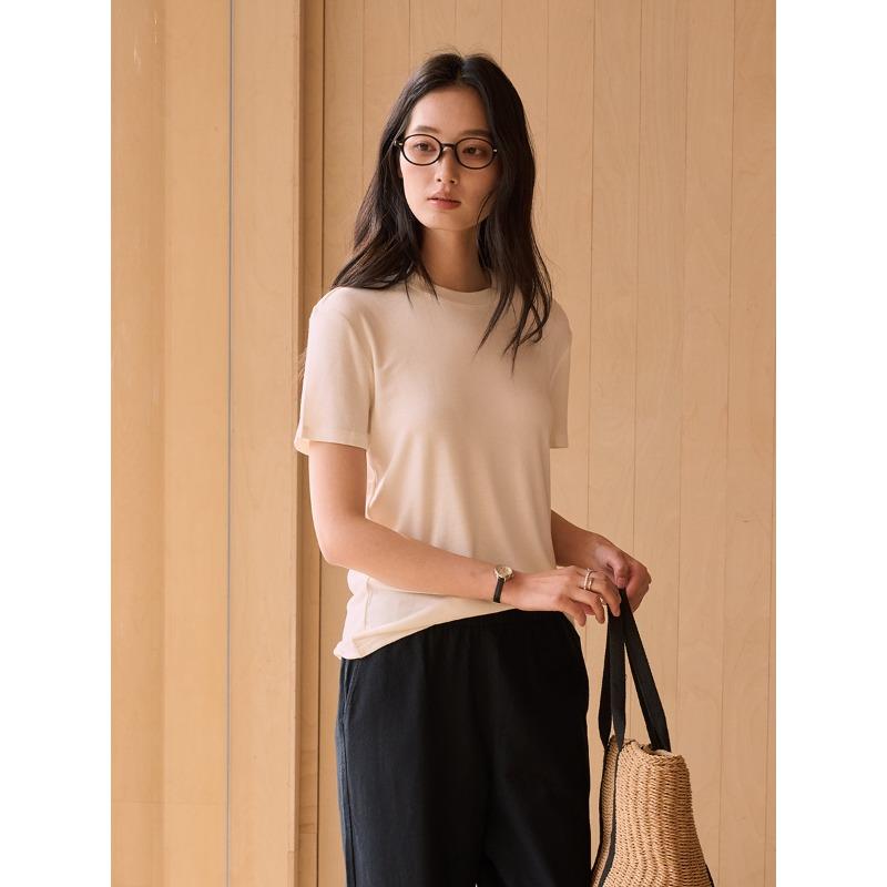 Tencel Modal Mulberry Silk Short-sleeved Women's Summer Round Neck Wool Outer Shirt Slim-fitting and Thin Versatile Bottoming Shirt