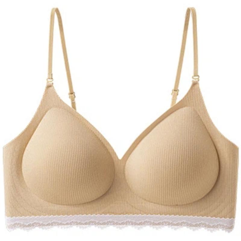 Pink Ribbed Wireless Bra with Lace Trim and 2cm Padded Cups