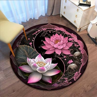 Yin Yang Lotus Round Rug, Non-Slip Washable Polyester Mat for Bedroom Living Room Office Nursery, Home Decor Carpet