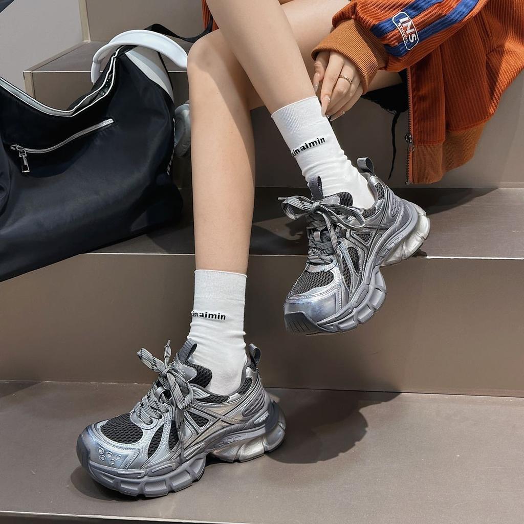 Sneakers women's shoes 2025 new autumn retro versatile silver heightening shoes platform breathable dad shoes women's