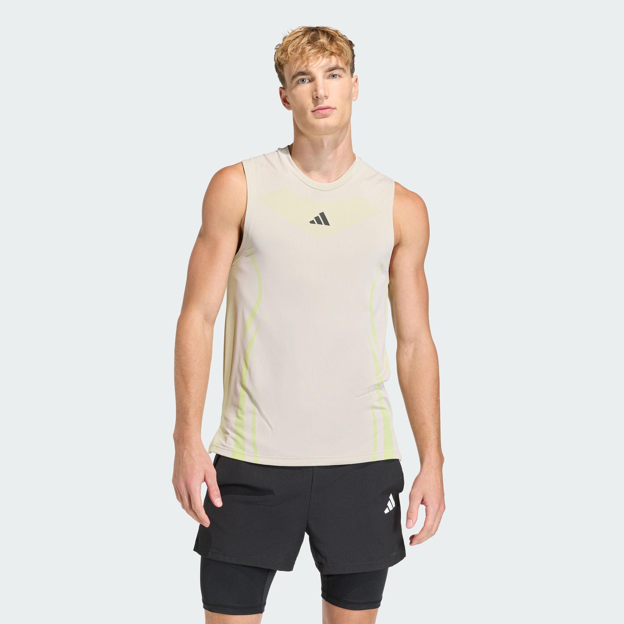 Adidas Men's White/Yellow Airchill Tank Tops Crew Neck Moderate Straig Cm