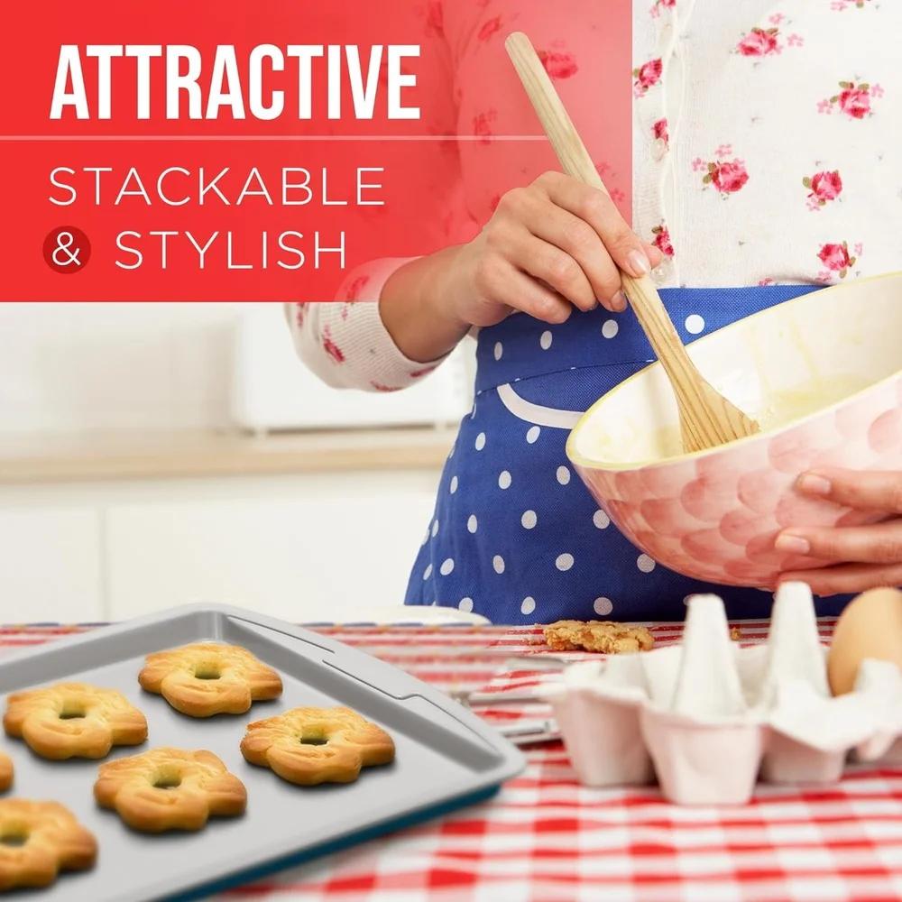 Bakken Swiss Cookie Sheet 3 Piece Set Non-Stick Stackable Baking Pans Deluxe Ceramic Coating – Dishwasher Safe Home Baking