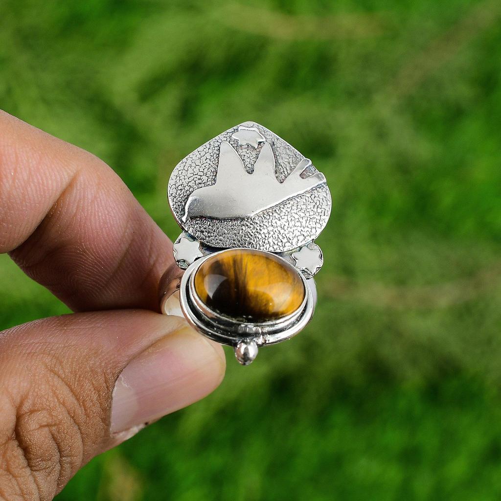 Wedding Gift For Her 925 Silver Natural TigerS Eye Promise Bird Adjustable Ring