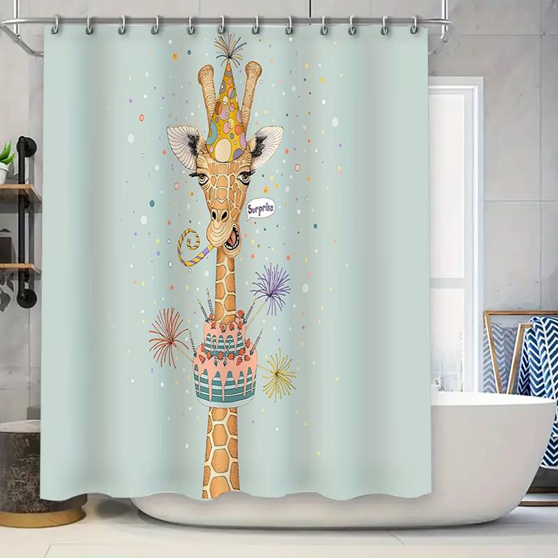 

Cute Animal Birthday Party Shower Curtain Giraffe Happy Birthday Backdrop Festive Bathroom Decor Washable Waterproof Home Decor W60H190(CM)-1 Pcs