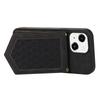For iPhone 15 RFID Blocking Card Holder Phone Case Mirror Kickstand Imprinted PU Leather Coated TPU Cover with Shoulder Strap