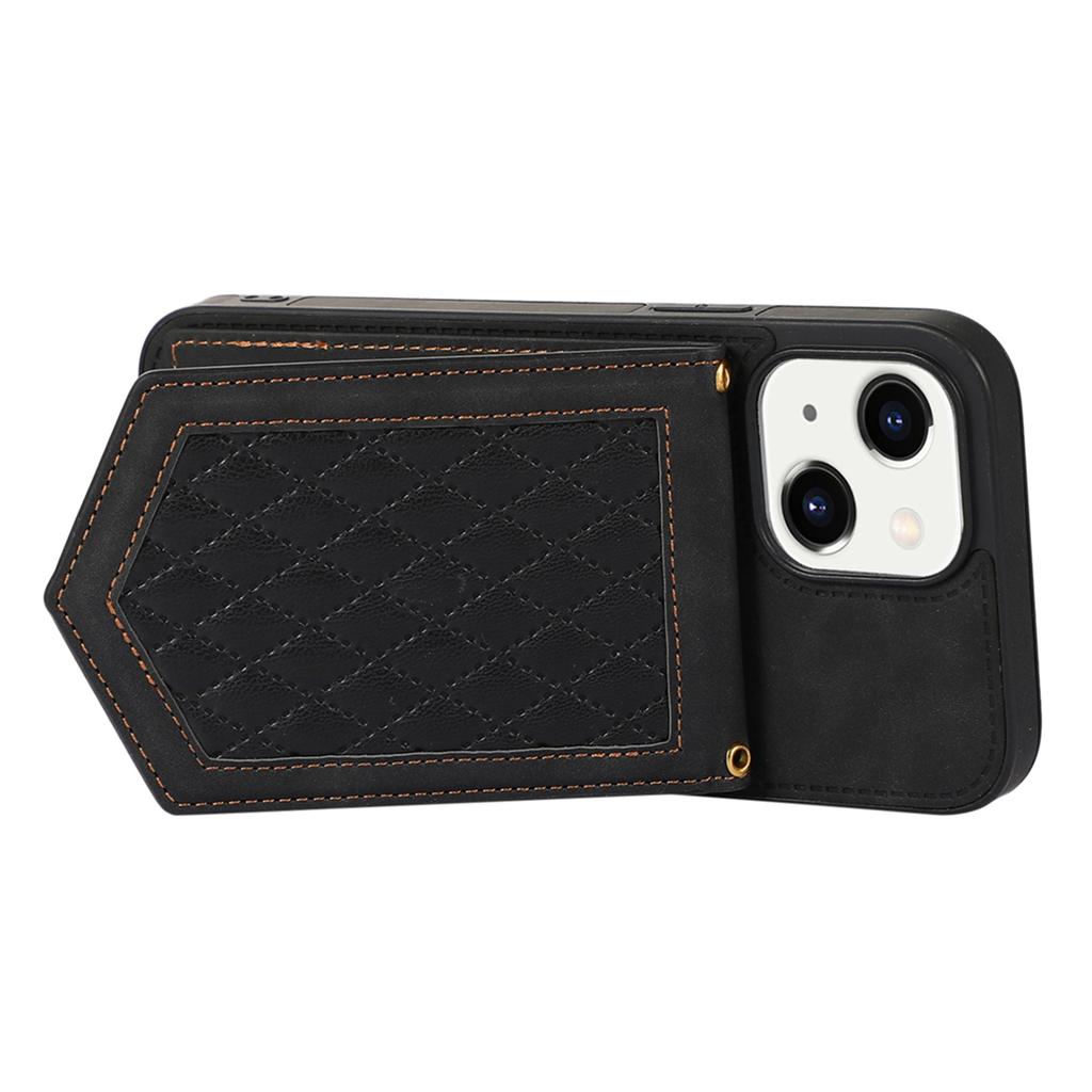 For iPhone 15 RFID Blocking Card Holder Phone Case Mirror Kickstand Imprinted PU Leather Coated TPU Cover with Shoulder Strap