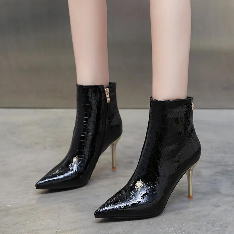 

Летние модные заостренные носки на тонком каблуке с молнией спереди, новые короткие сапоги, сексуальные элегантные туфли на высоком каблуке для женщин, женские туфли Chaussure Femme 37 чёрный