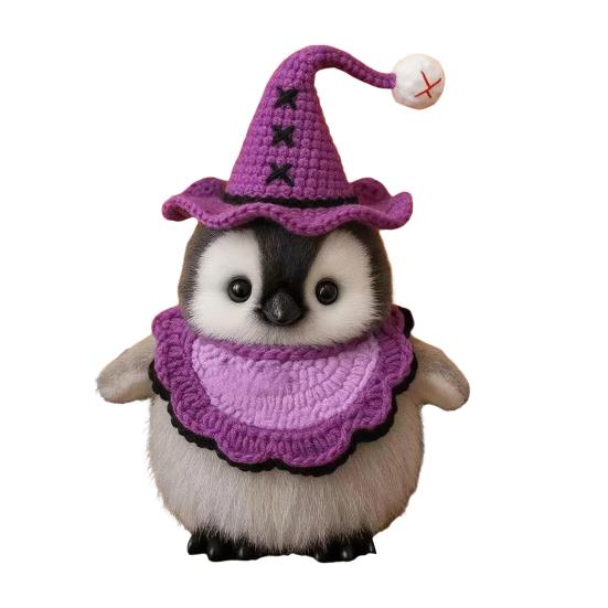 Halloween Penguin Doll 10" Penguin Plush Doll Toy with Knitted Witch Hat Small Stuffed Animal Desktop Decoration Gifts for Kids Boys Girls