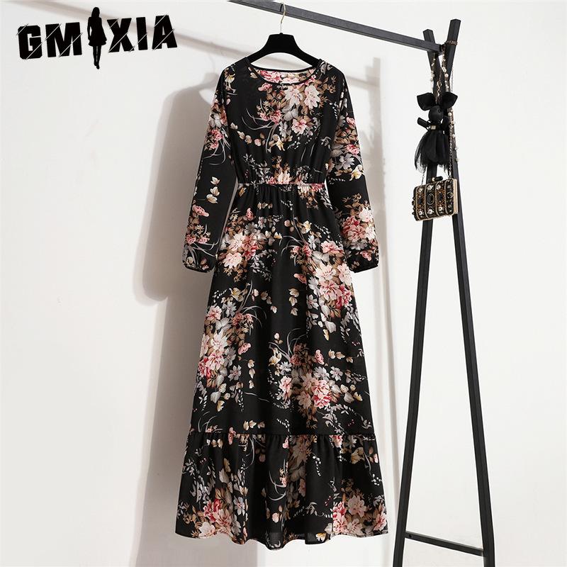 GMXIA 25 Colors Spring Women Maxi Dresses Casual Long Sleeve Floral Print O-Neck Ladies Long Dress Bohe Beach Party Mujer Vestidos Muslim Dress
