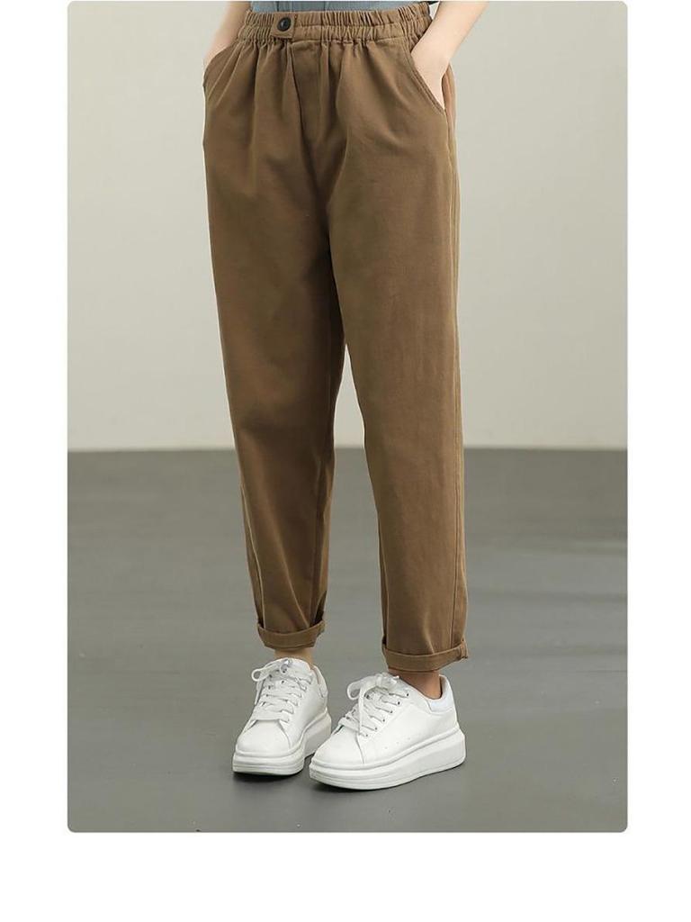 2021 Autumn Women's Retro Twill Slimming Harem Pants - Elastic Waist, Solid Color, Nine-Point Length.