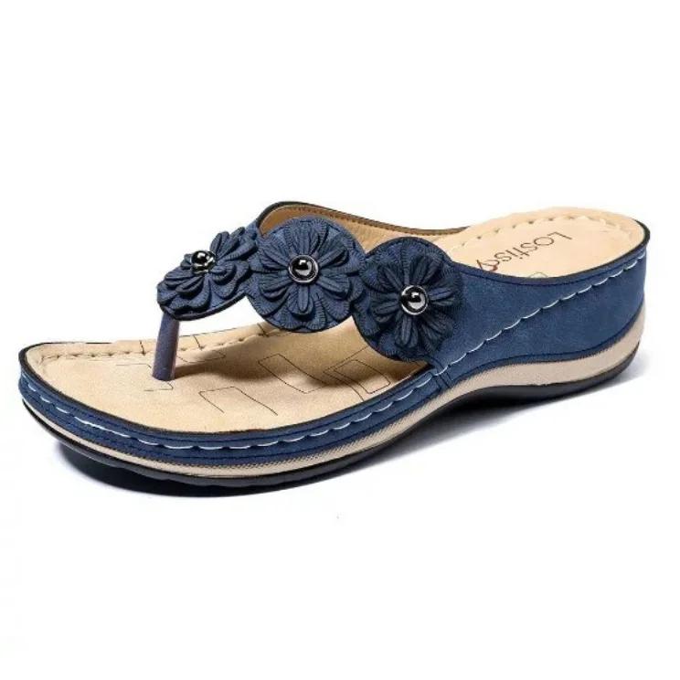 Fashion Summer New Large Size Sandals Women Europe and The United States Multi-color Handmade Retro Flower Flat Wedge Sandals Women