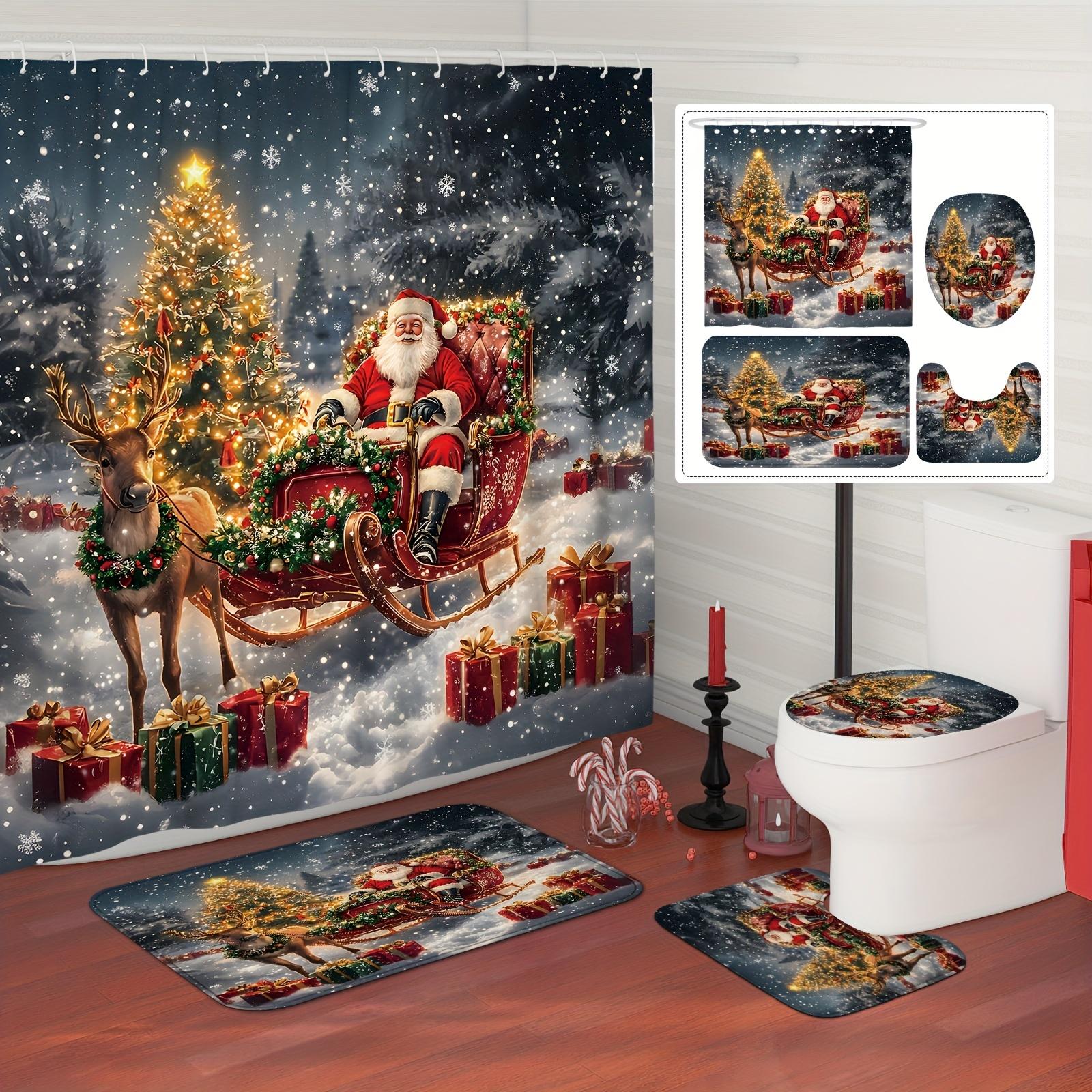 

Christmas Winter Bath Curtain Set-Includes Bath Mat, Non-Slip Rug & U-Shaped Toilet Lid Cover,Festive Bathroom Decor For Holiday W60H190(CM)-1 Pcs