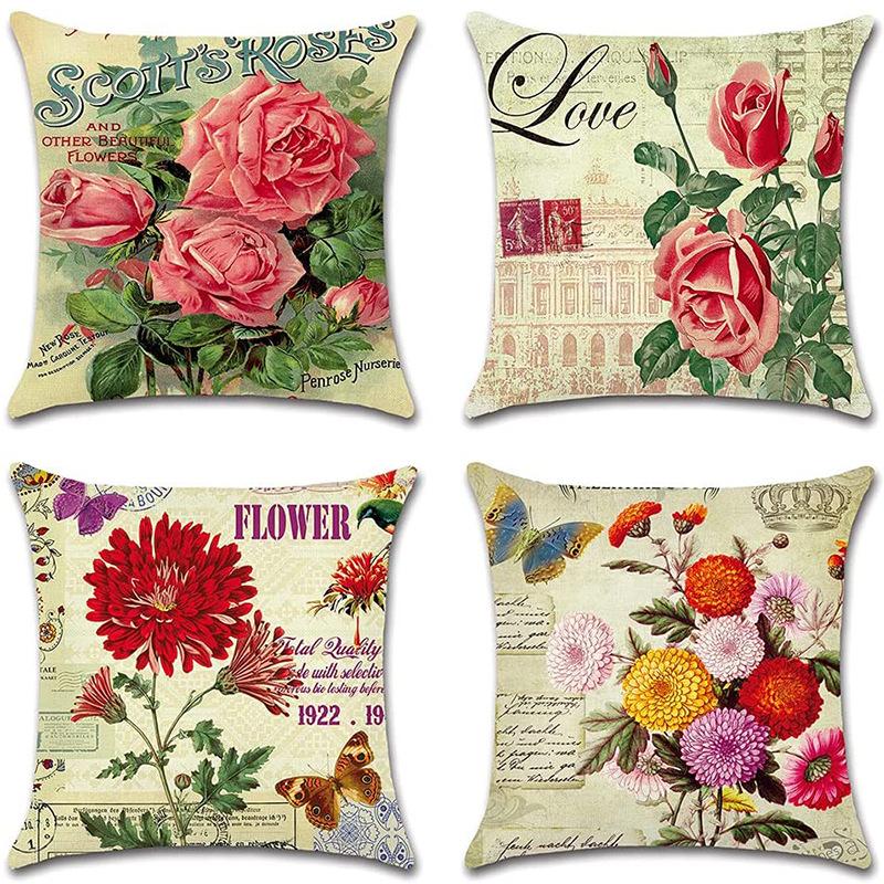 Retro Plant Floral Print Linen Pillow Case Home Living Room Sofa Car Cushion Pillow