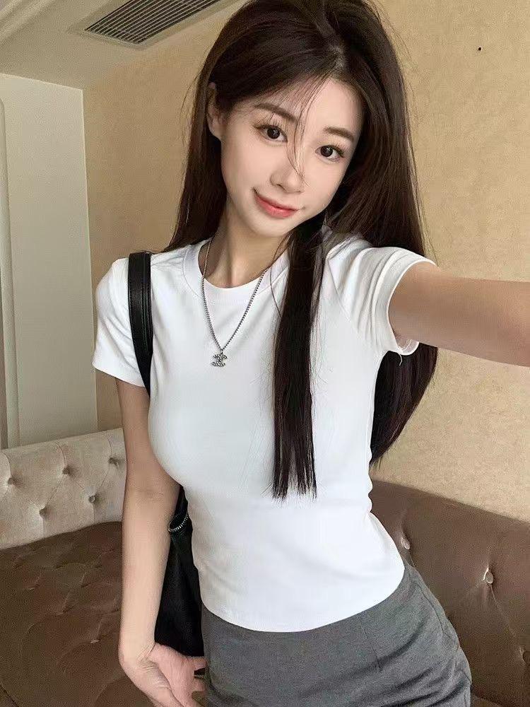 2025 Korean Style Solid Color Slim Fit Women's Short Sleeve T-Shirt