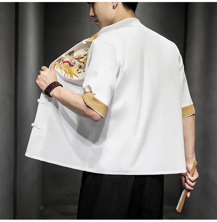 Men's Retro Dragon Embroidery Shirt with Frog Buttons - Casual Short Sleeve, Plus Size