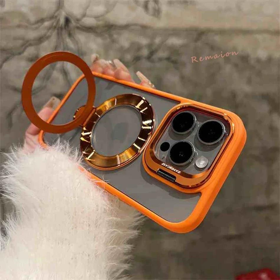 New Gold 16 Magnetic Glass Lens Stand Phone Case for iPhone 16 11 13 15 12 14 Pro Max 16 Plus Funda Magsafe Clear Cases Cover