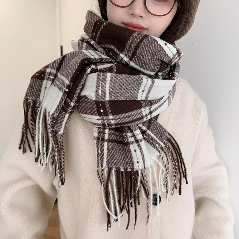 Korean Atmosphere Scarf Women's Winter Imitation Cashmere Plaid Warm Scarf Thickened Student New
