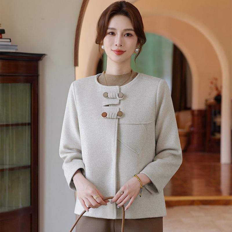 Medium and Old Women's Coat Fashion Double-sided Woolen Coat Temperament Short Small New Round Neck Woolen Women