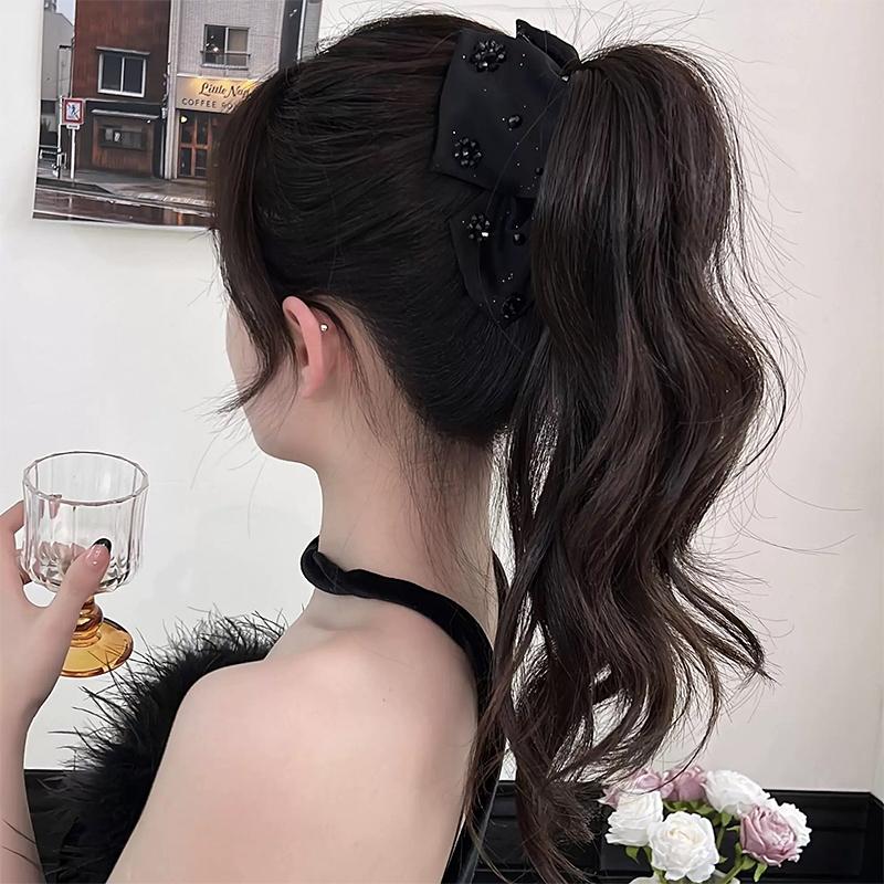 Vintage Soft Black Satin Hair Claw Rhinestone Hairpin Large Bow Ornament Women Hair Accessories