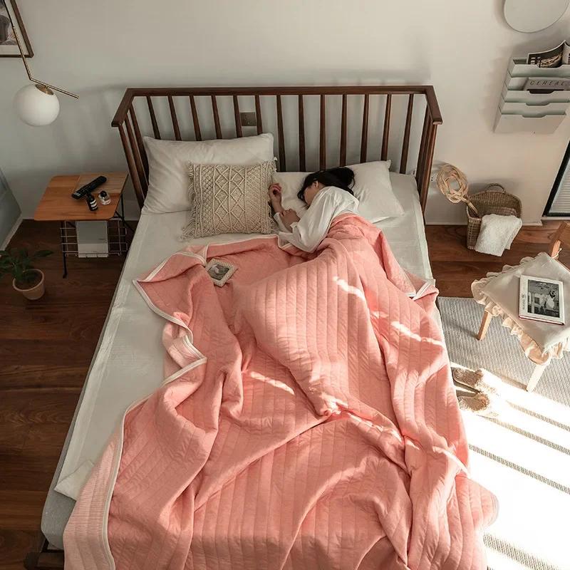 Stripes 100% Cotton Summer Blanket for Bed Soft Skin Friendly Queen Quilt for Summer Air Conditioner Thin Comforter Breathable