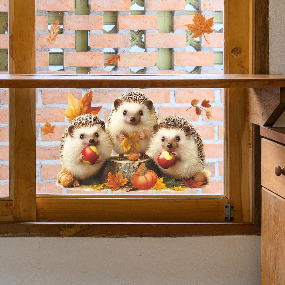 Cute Hedgehog Eating Apples, Autumn Fallen Leaves, Home Glass Window Decoration Stickers