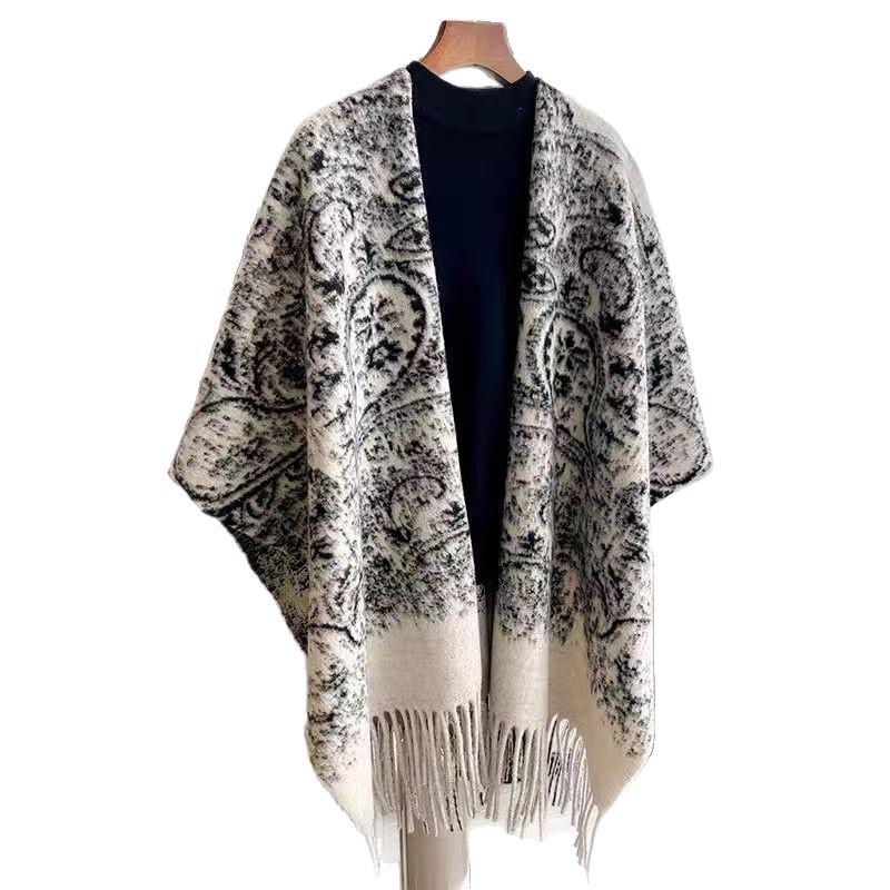 High-End Ink Painting Women's Autumn Winter Shawl Cloak - Warm Travel Cape Outerwear