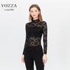 VOZZA Stretch-Bluse mit langem und einem hohen Power-Netz-Lang und einem Stehkragen, floral eng und entspannt, Damen-Allover-Spitze, durchscheinende Stickerei,