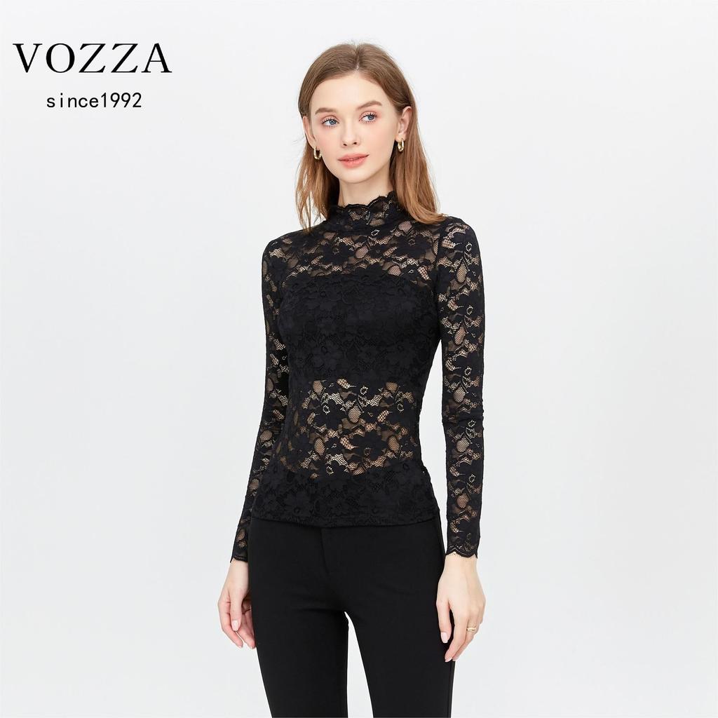 VOZZA Stretch-Bluse mit langem und einem hohen Power-Netz-Lang und einem Stehkragen, floral eng und entspannt, Damen-Allover-Spitze, durchscheinende Stickerei,