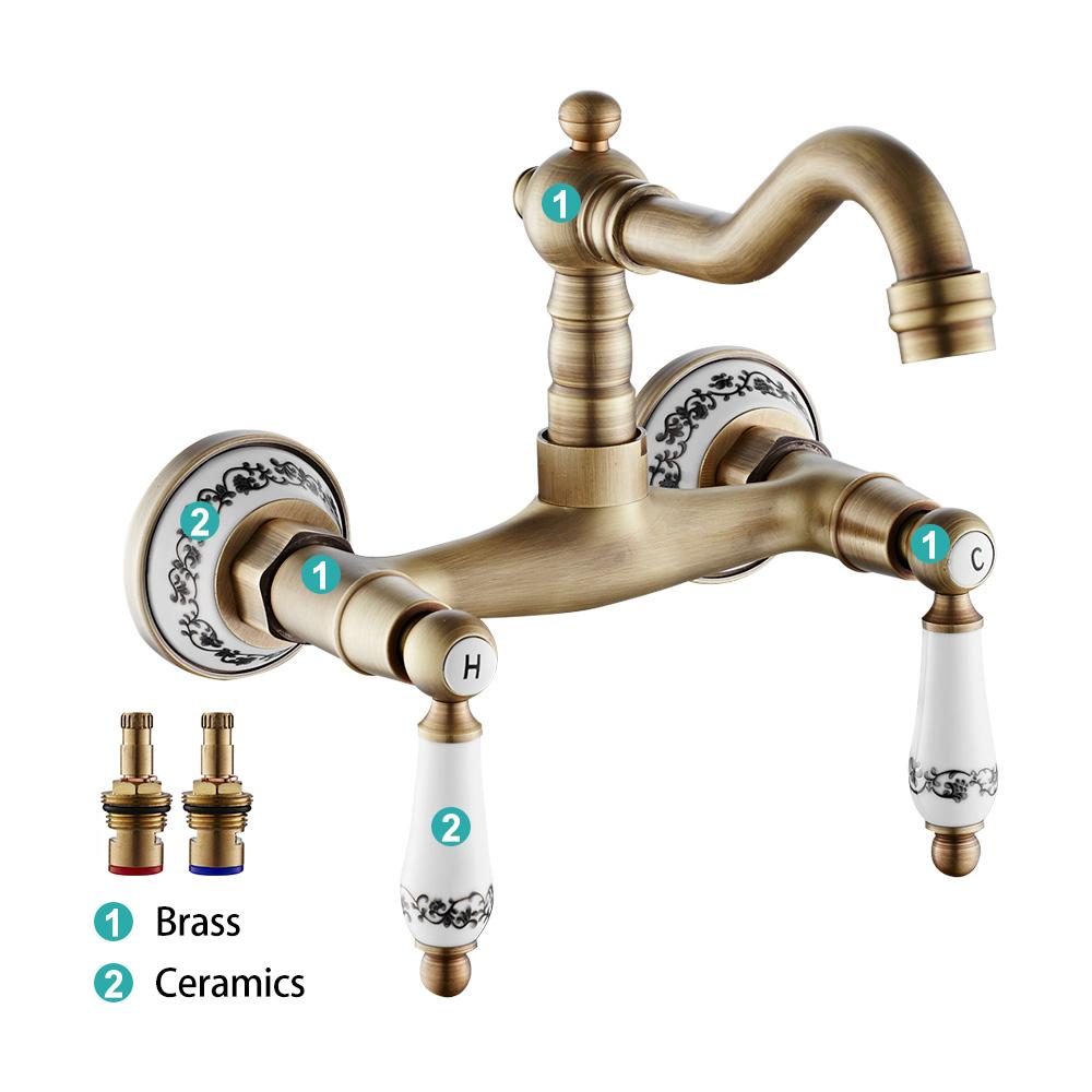 Wall Mount Antique Faucet Antique Brass Kitchen Faucet Dual Cold Hot Water Mixer Tap 360 Degree Rotation Kitchen Sink Faucet